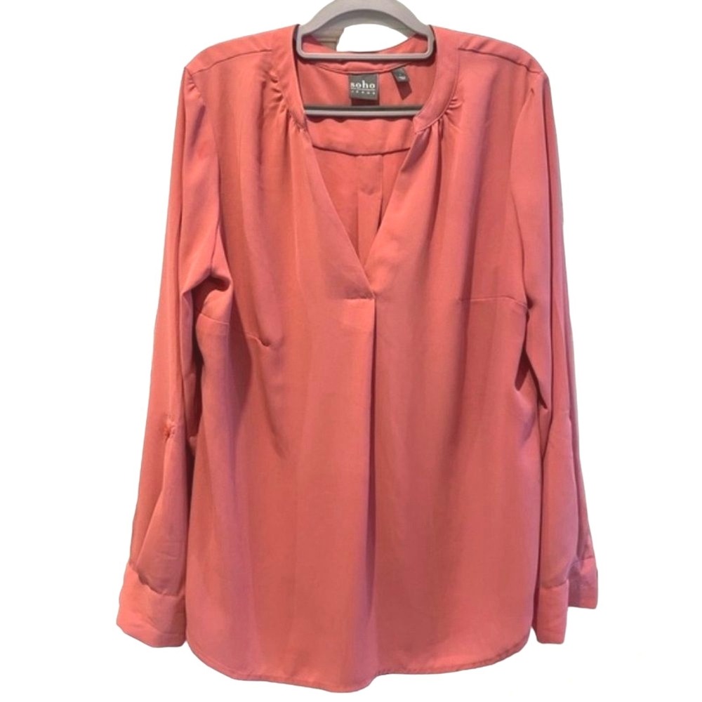 Soho Jeans New York & Company Coral Pink‎ V-Neck Roll-Tab Sleeve Blouse Large